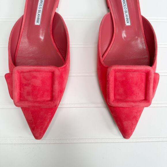 Manolo Blahnik Maysale Flat Mule Buckle Shoe Ballerina Pointed Toe Bright Pink - Picture 4 of 10